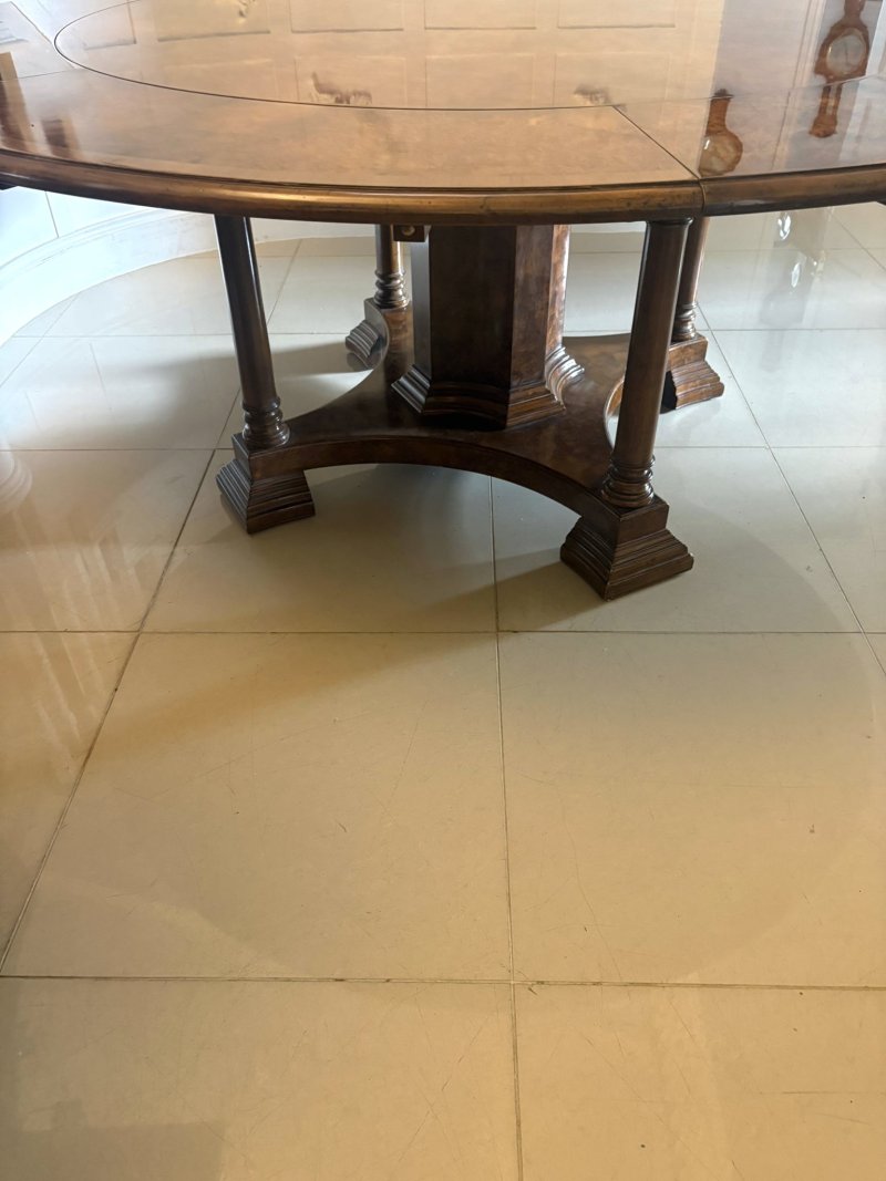 Antique Exceptional Quality Burr Walnut Circular Extending Dining Table Seating 10 with Radial Leaves & Matching Burr Walnut Leaf Holder - Image 7